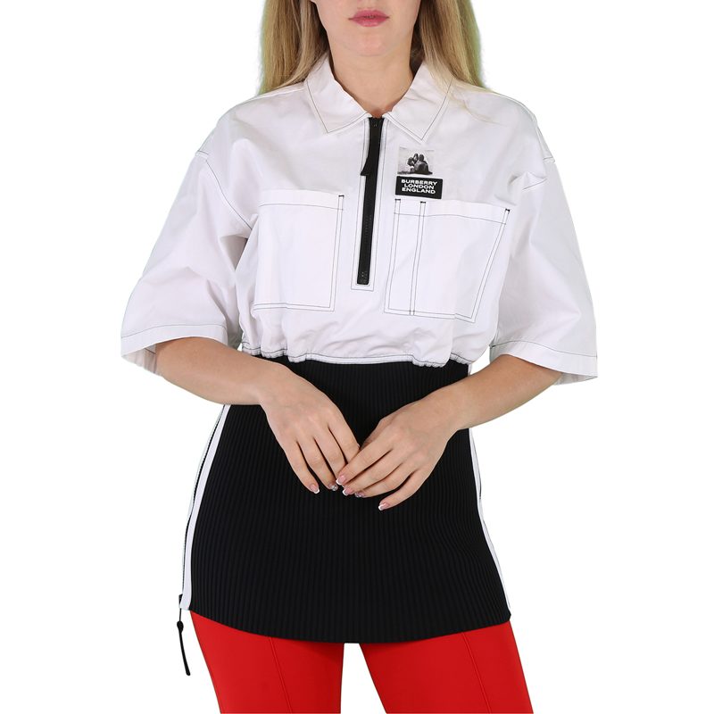 Ladies Optic White Knitted Panel Short-Sleeved Shirt