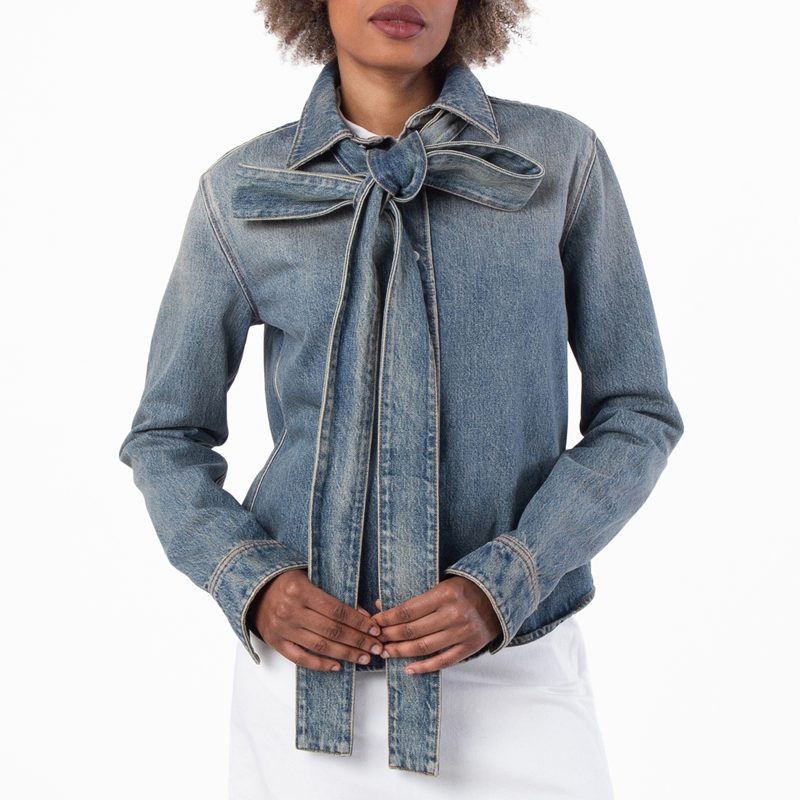 Washed Cotton Denim Bow Shirt