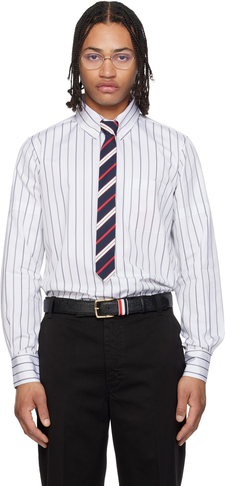 Gray & White Straight Fit Pop Over Self Armband Shirt 261381M192018
