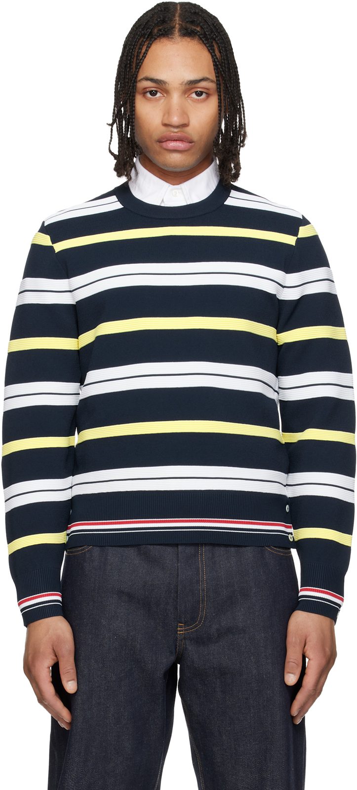 Navy Variegated Rep Stripe Ottoman Stitch Crew Neck Sweater 261381M201003