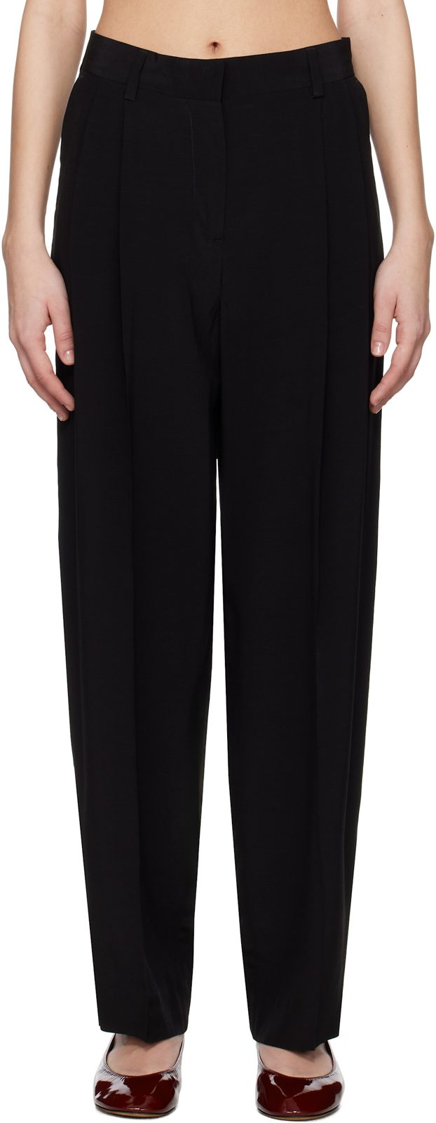TOTEME Black Double-Pleat Straight Trousers 251771F087017