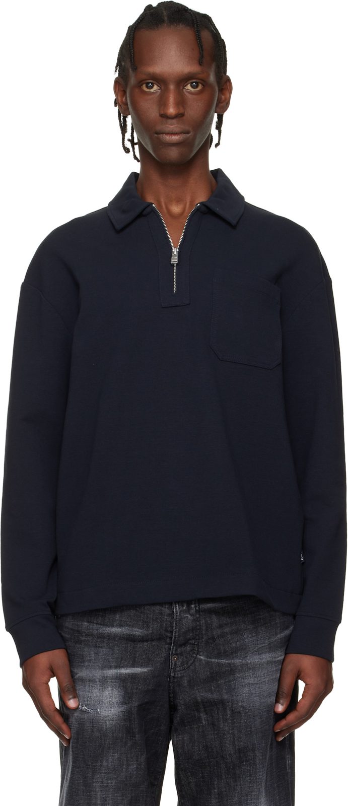 Navy Zip-Neck Cotton Blend Polo 261085M212003