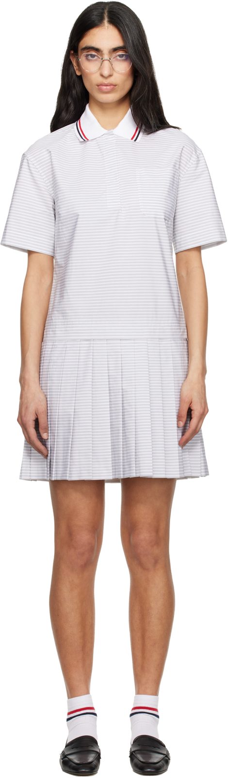 Gray Pleated Polo 4 Bar Stripe Poplin Minidress 261381F052004