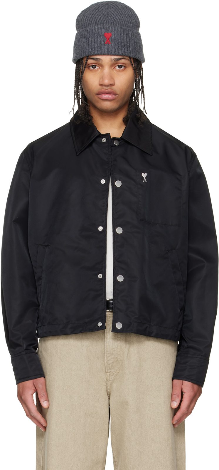 Black Nylon Ami De Coeur Stud Buttoned Jacket 261482M180001