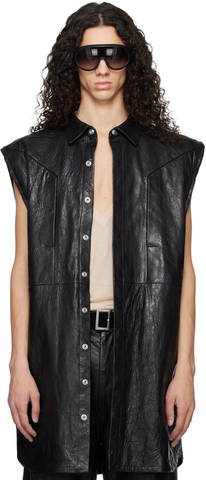 Black Temple Jumbo Outshirt Leather Vest 261232M181020