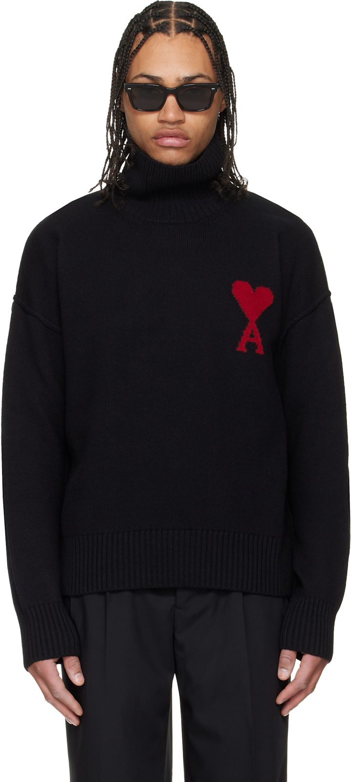 Black Contrasted Ami de Coeur Funnel Neck Sweater 261482M205002