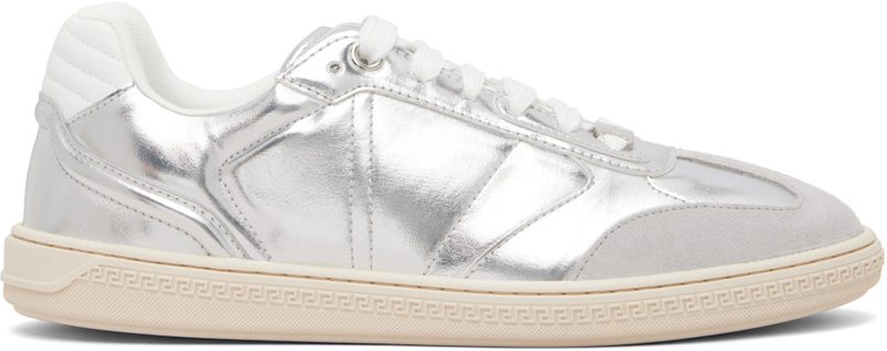 Silver Greca Court Metallic Faux-Leather Sneakers 261404M237007