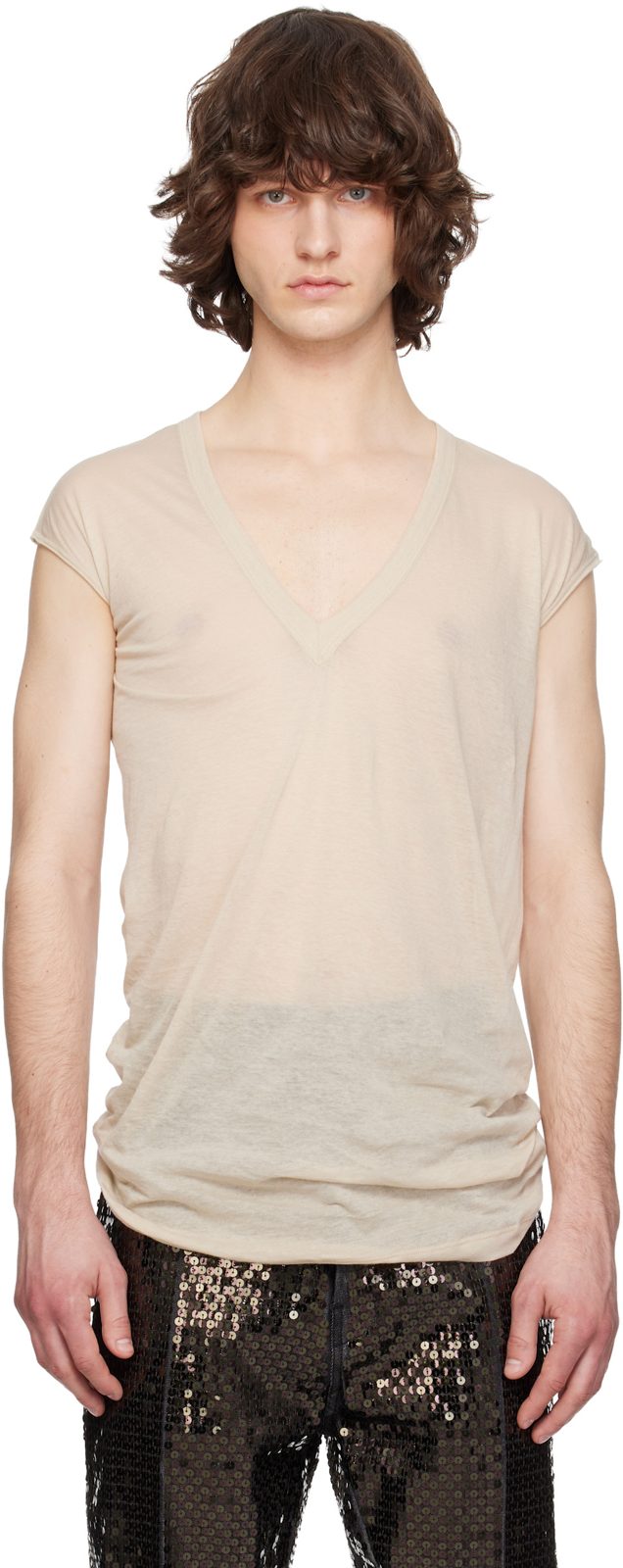 Beige Temple Deep V SL T-shirt 261232M213010