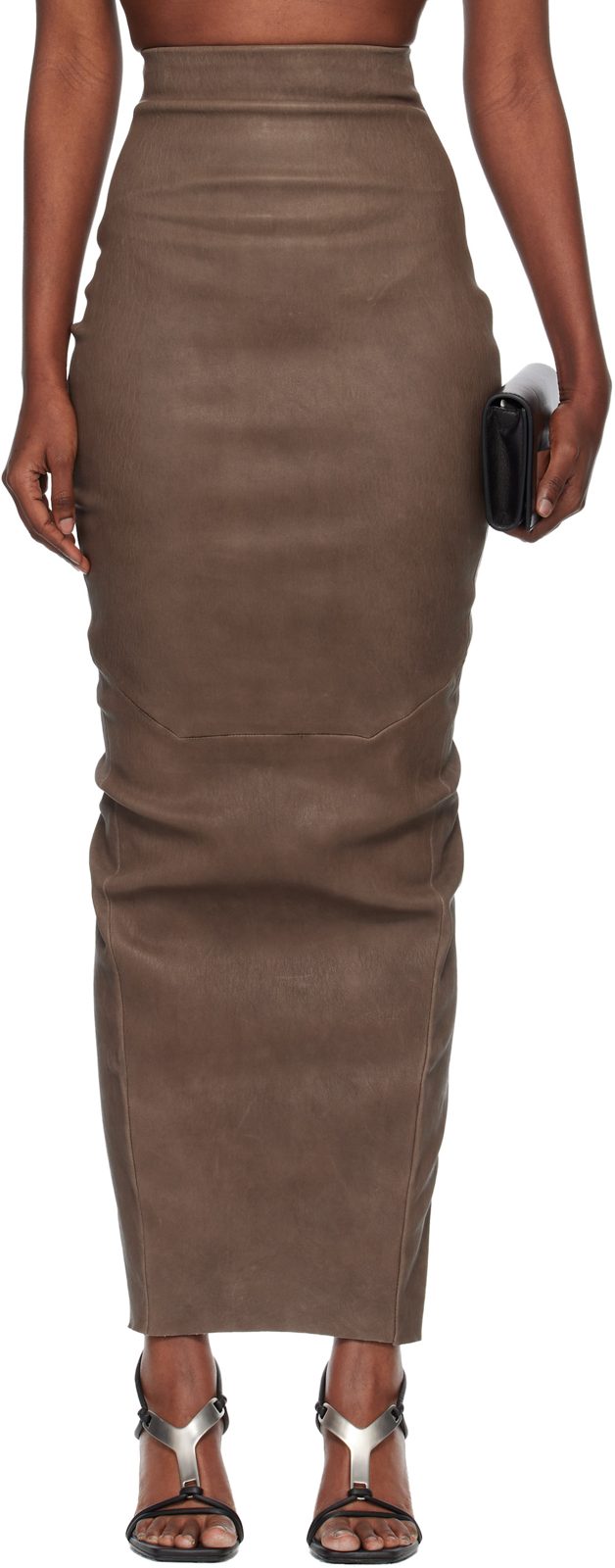 Gray Temple Dirt Pillar Leather Midi Skirt 261232F092020