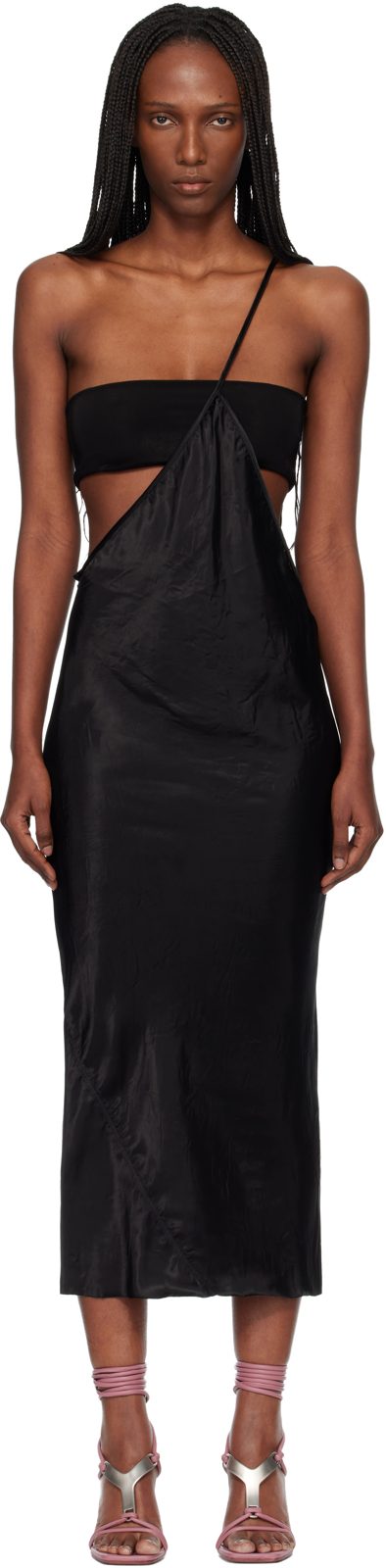 Black Temple Bias Strap Midi Dress 261232F054023