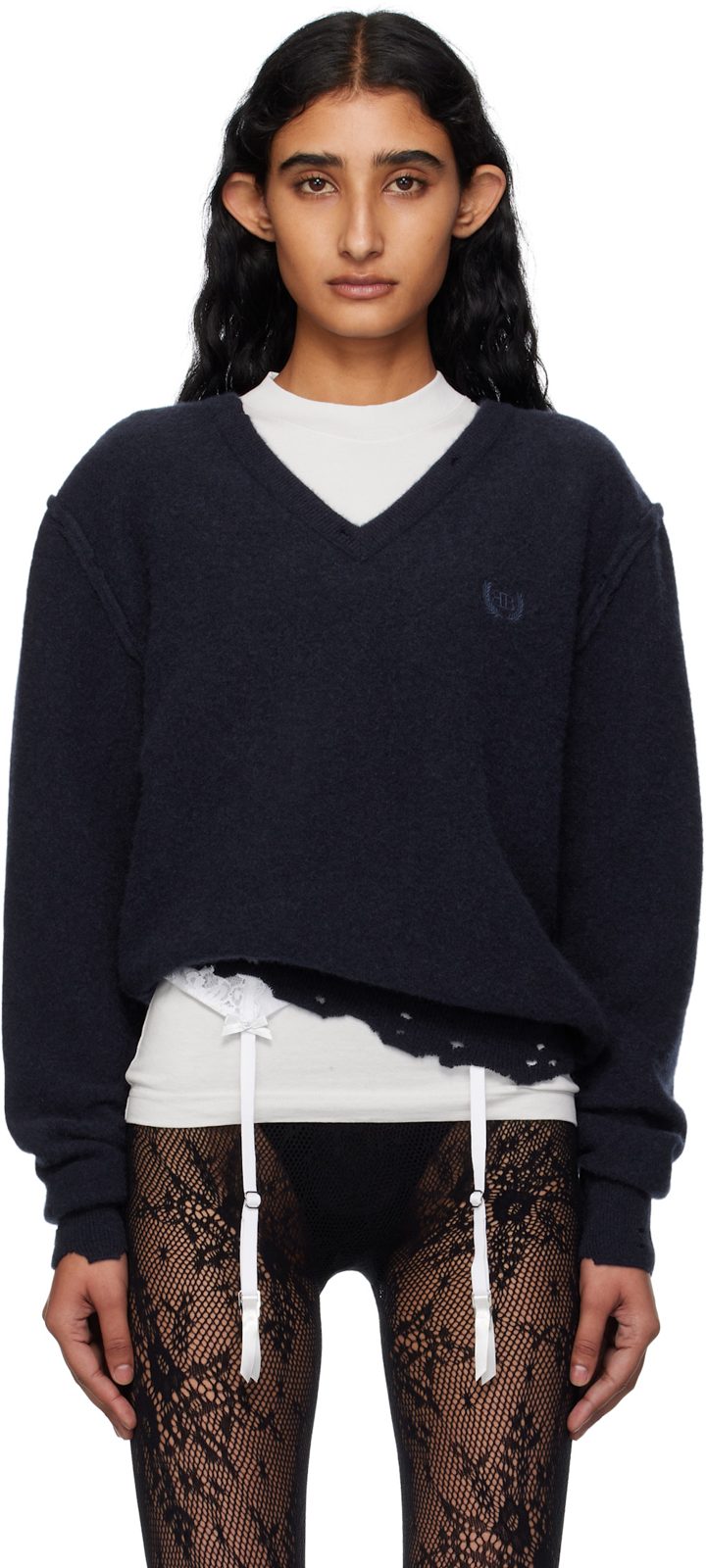 Navy Laurel Classic Inside-Out V-Neck Sweater 251342F100000