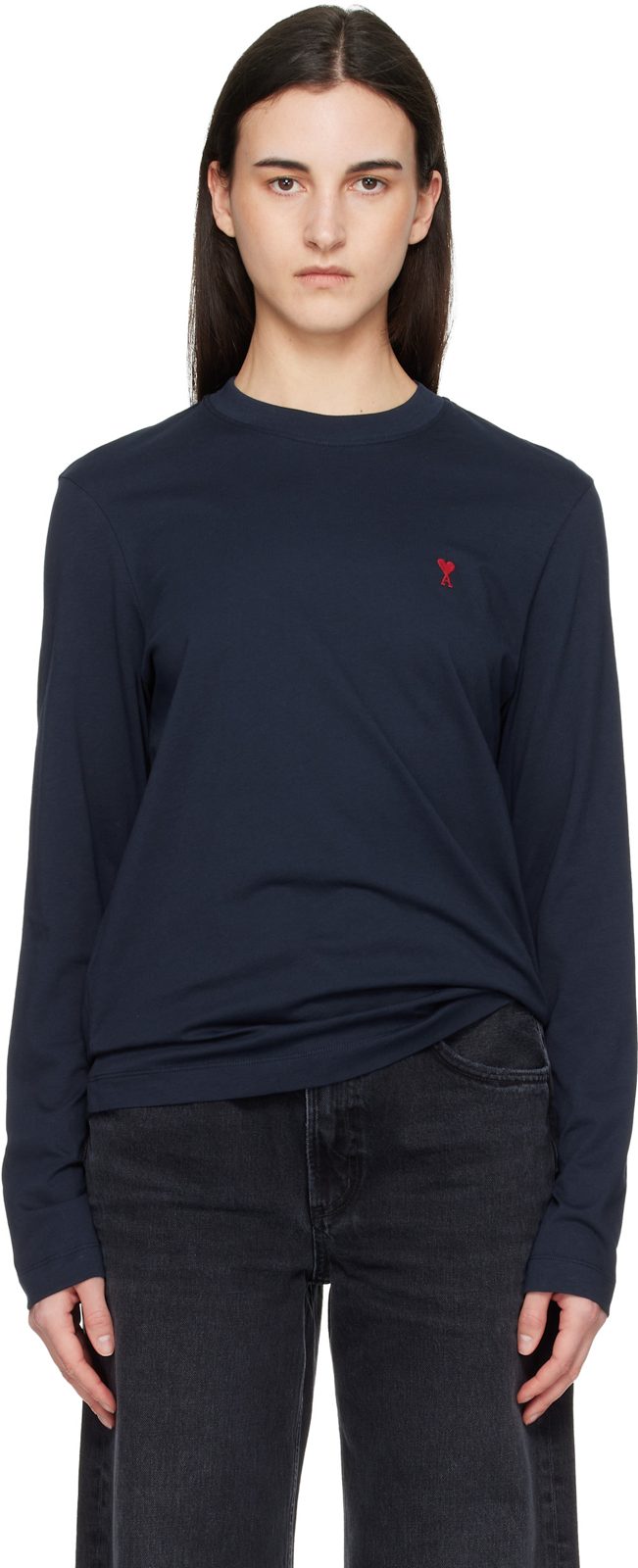 Navy Cotton Ami de Coeur Long Sleeves T-shirt 261482F110010