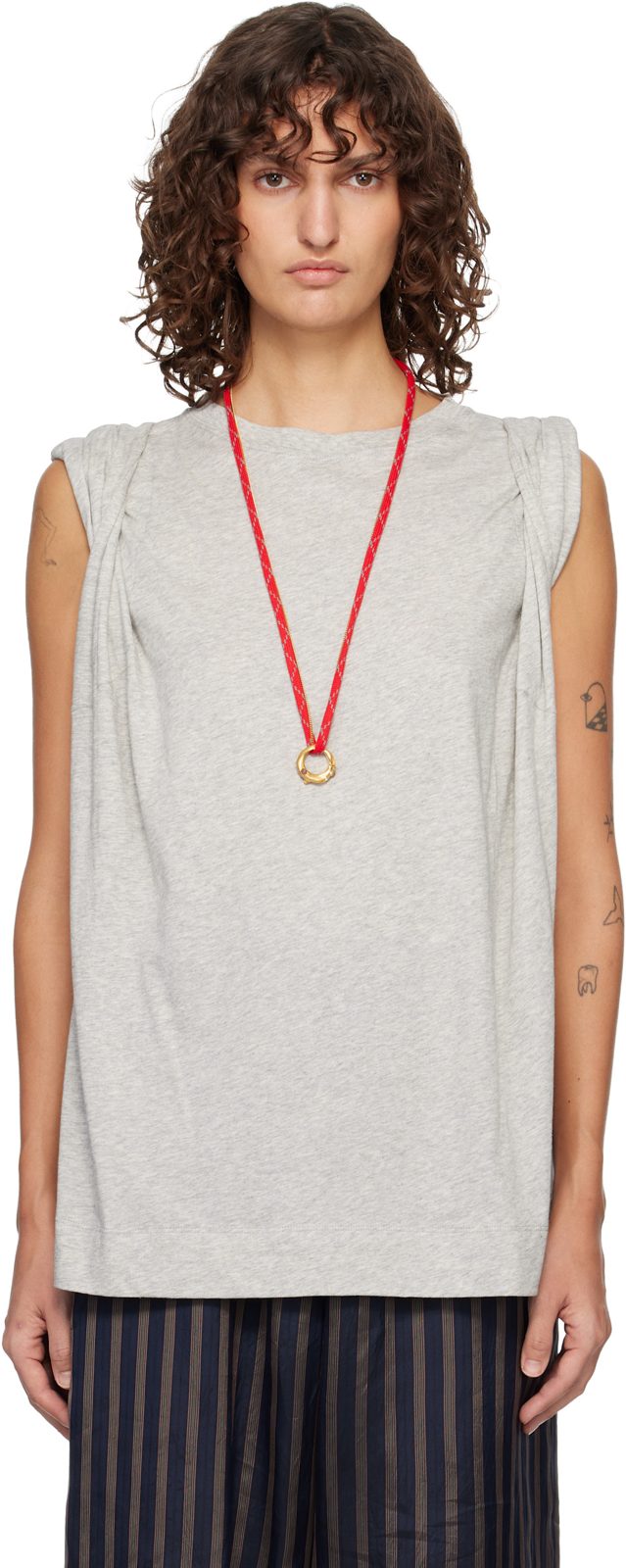 Gray Loose Sleeveless T-shirt 261358F110016