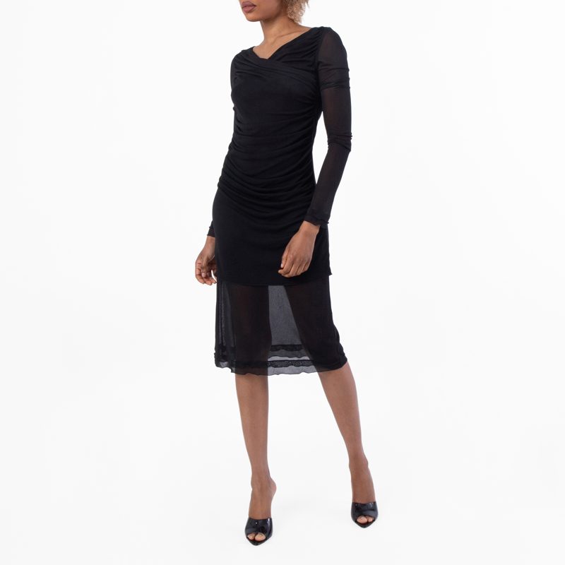 Sheer-Panels Draped Midi Dress