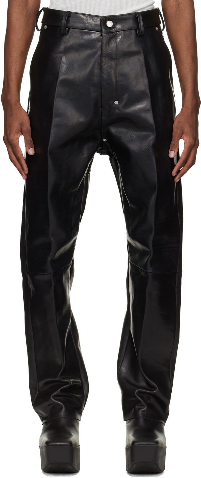 Black Temple Leather Pants 261232M189004