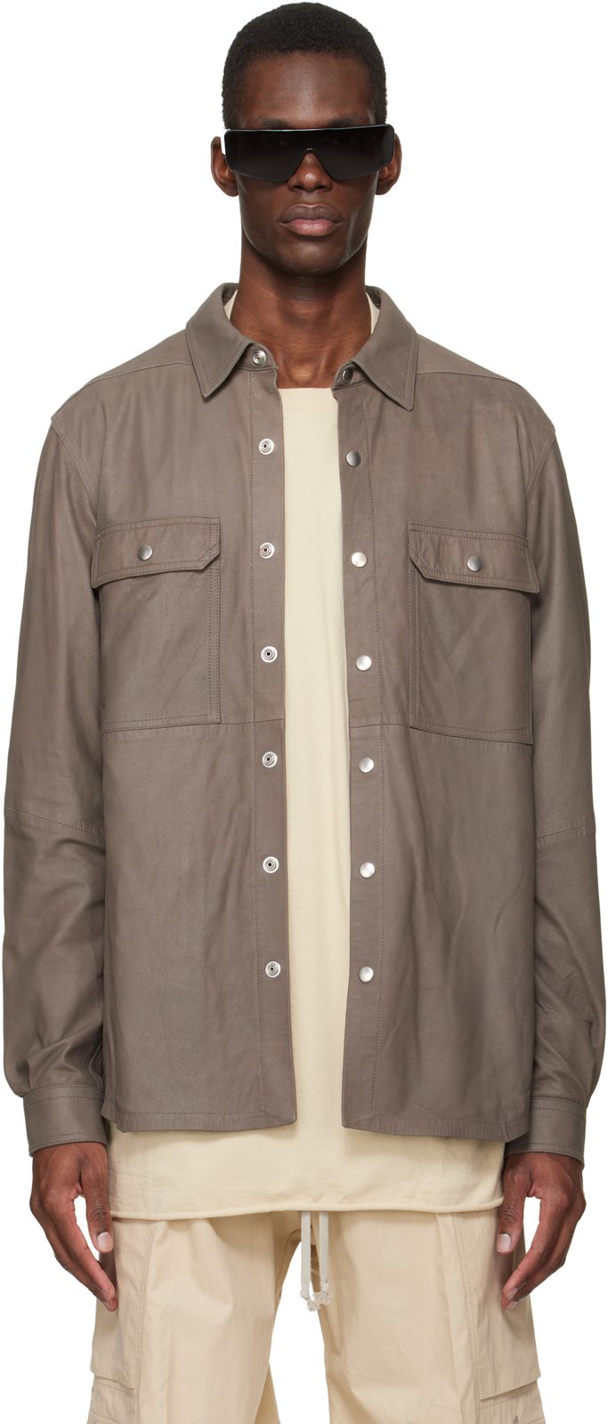 Gray Temple Feather Nappa Leather Outer Shirt 261232M181007
