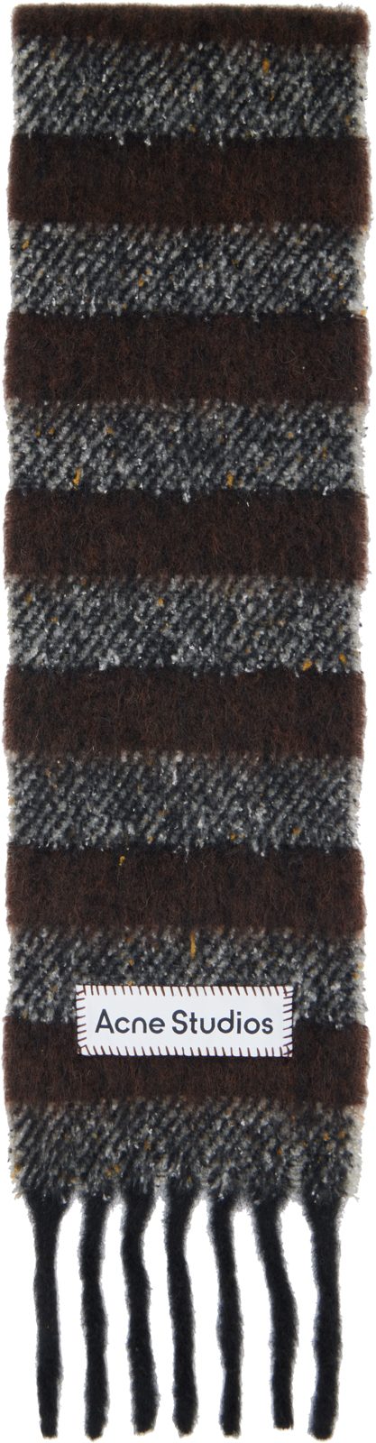 Brown & Gray Fringed Wool Skinny Scarf 261129M150033