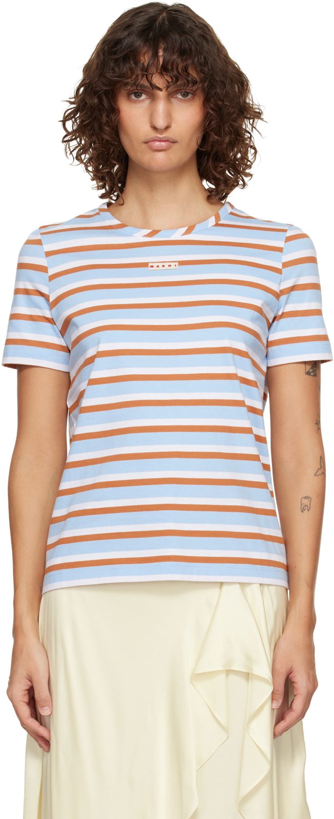 Marni Blue & Brown Striped Cotton T-shirt 261379F110013