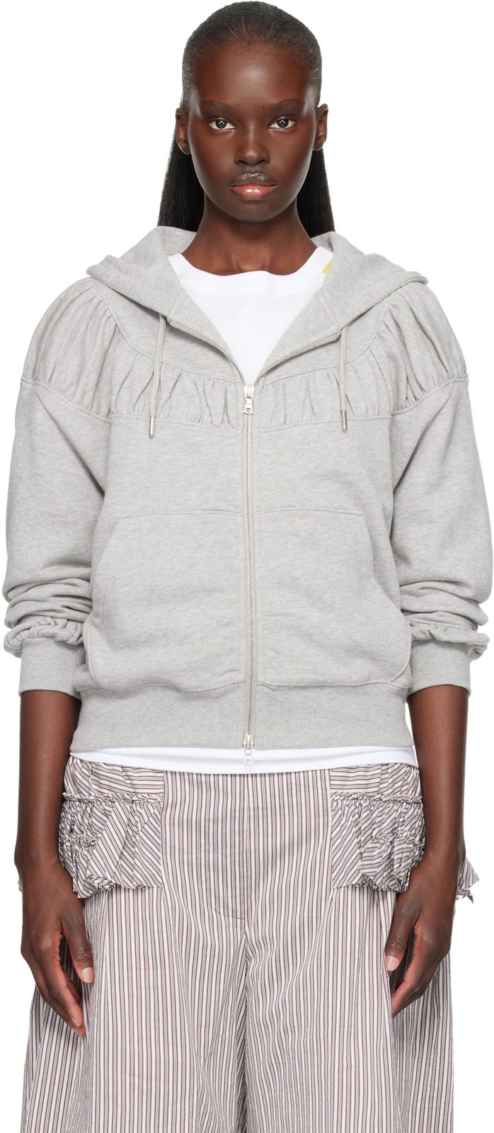 Gray Cropped Loose Zipped Hoodie 261358F097000