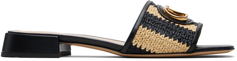 Garavani Black & [오프화이트] VLogo Signature Faux-Raffia Slides 261807F124016
