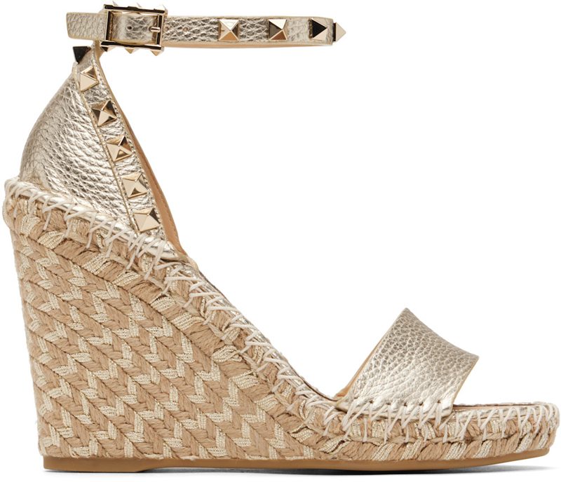 Garavani Silver Double Rockstud Grainy Calfskin Wedge Sandals 261807F125021
