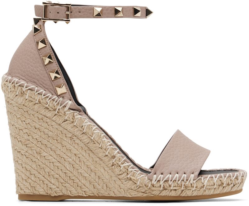 Garavani Pink Double Rockstud Grainy Calfskin Wedge Sandals 261807F125020