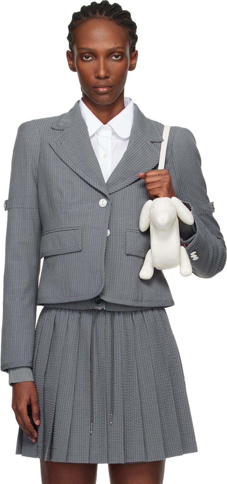 Gray Wool Seersucker Cropped Blazer 261381F057004