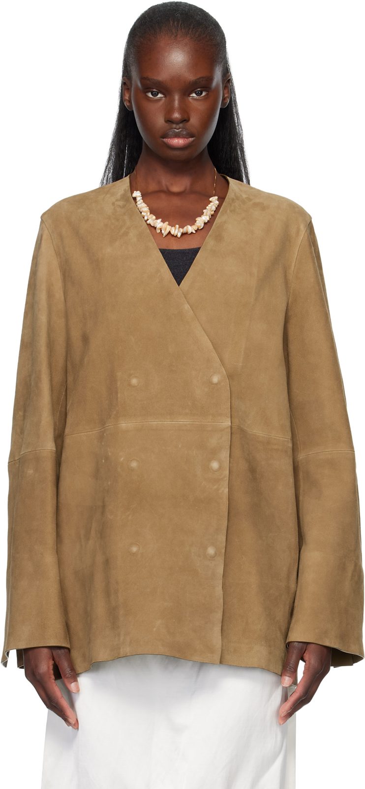 TOTEME Tan V-Neck Suede Blazer 261771F057003