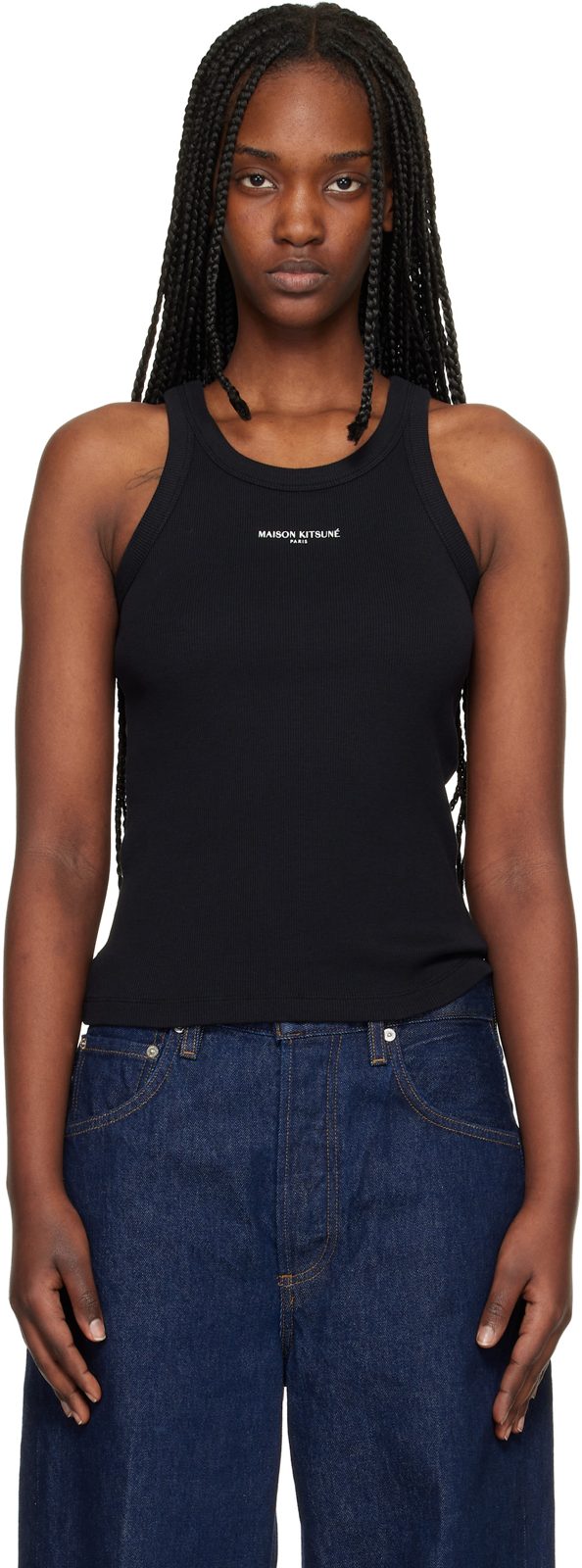 Black Maison Kitsune Paris Ribbed Tank Top 261389F111004