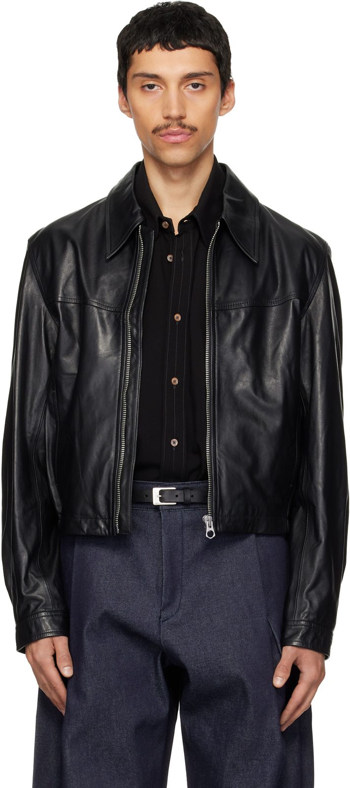 Black Leather Biker Jacket 261646M181000