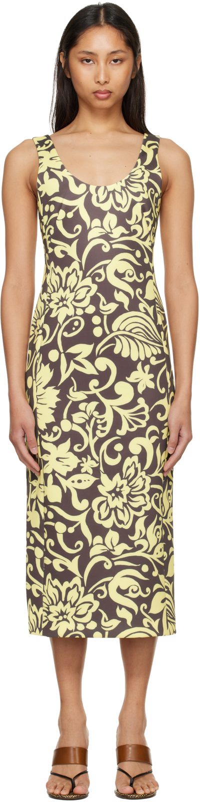 Yellow & Taupe Fitted Structured Maxi Dress 261358F055006
