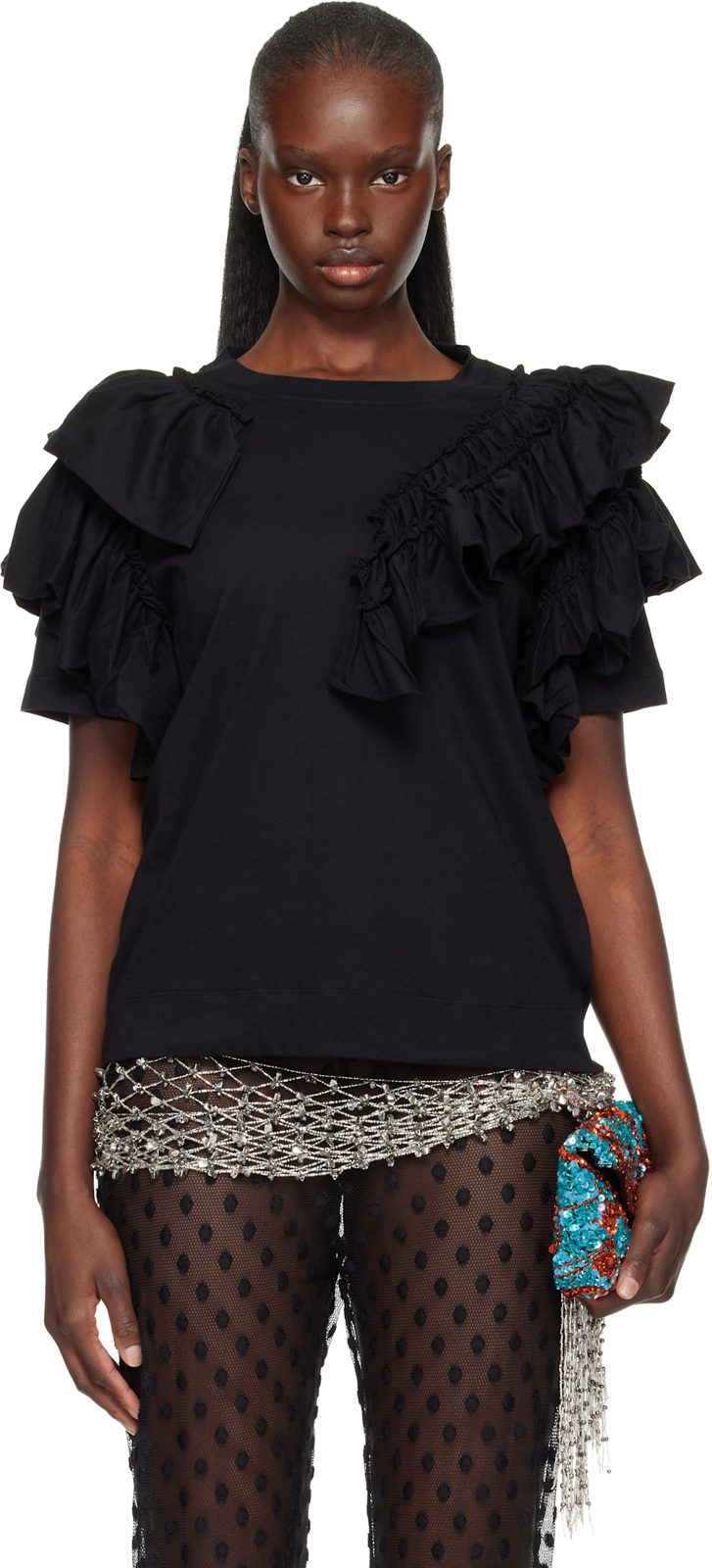 Black Ruffled T-shirt 261358F110013