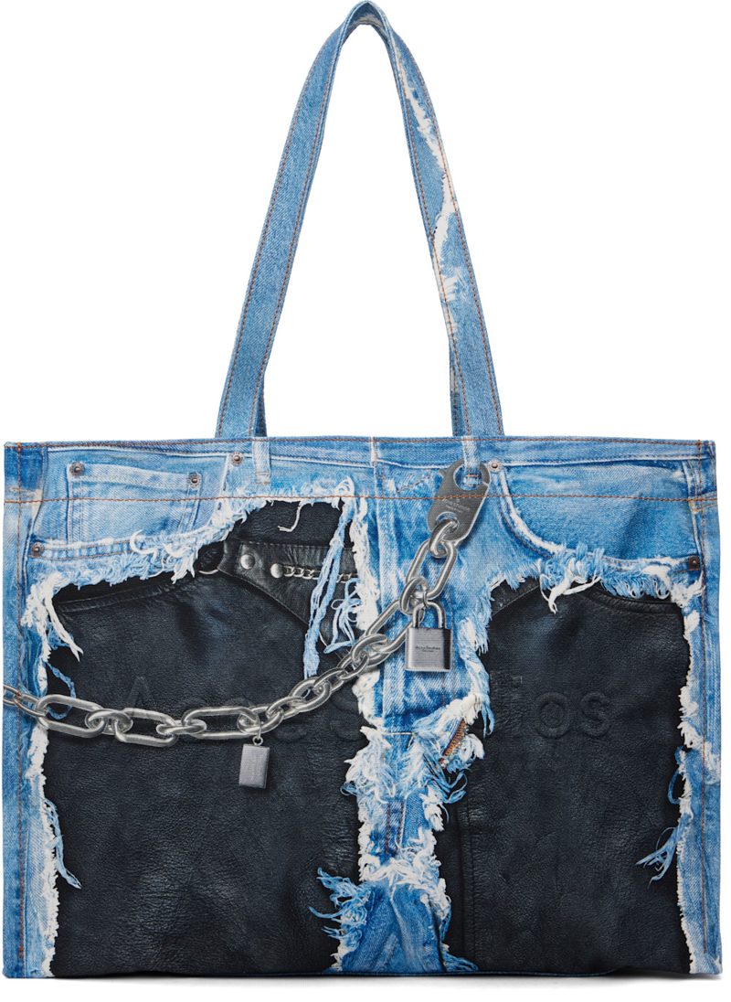 Blue & Black Denim Print Tote 261129F049005