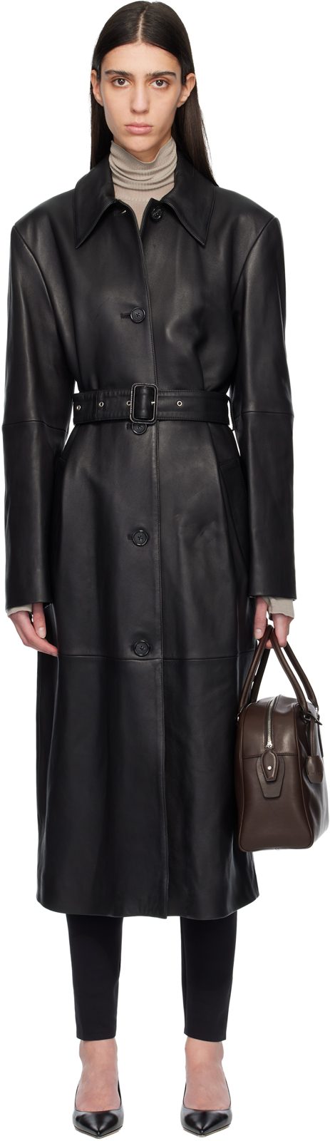 TOTEME Black Belted Leather Coat 261771F064005