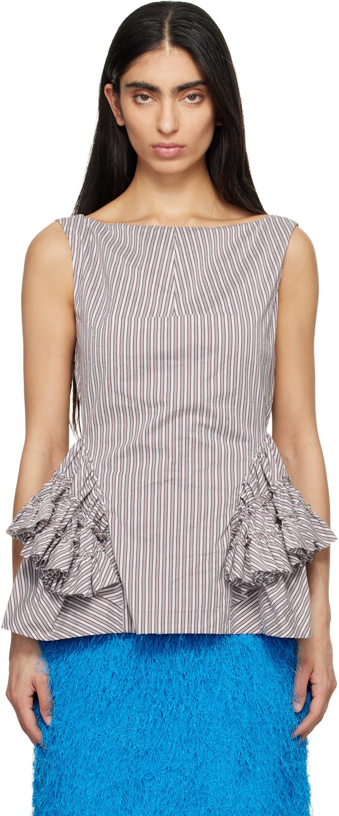 Brown & White Ruffled Peplum Blouse 261358F107018
