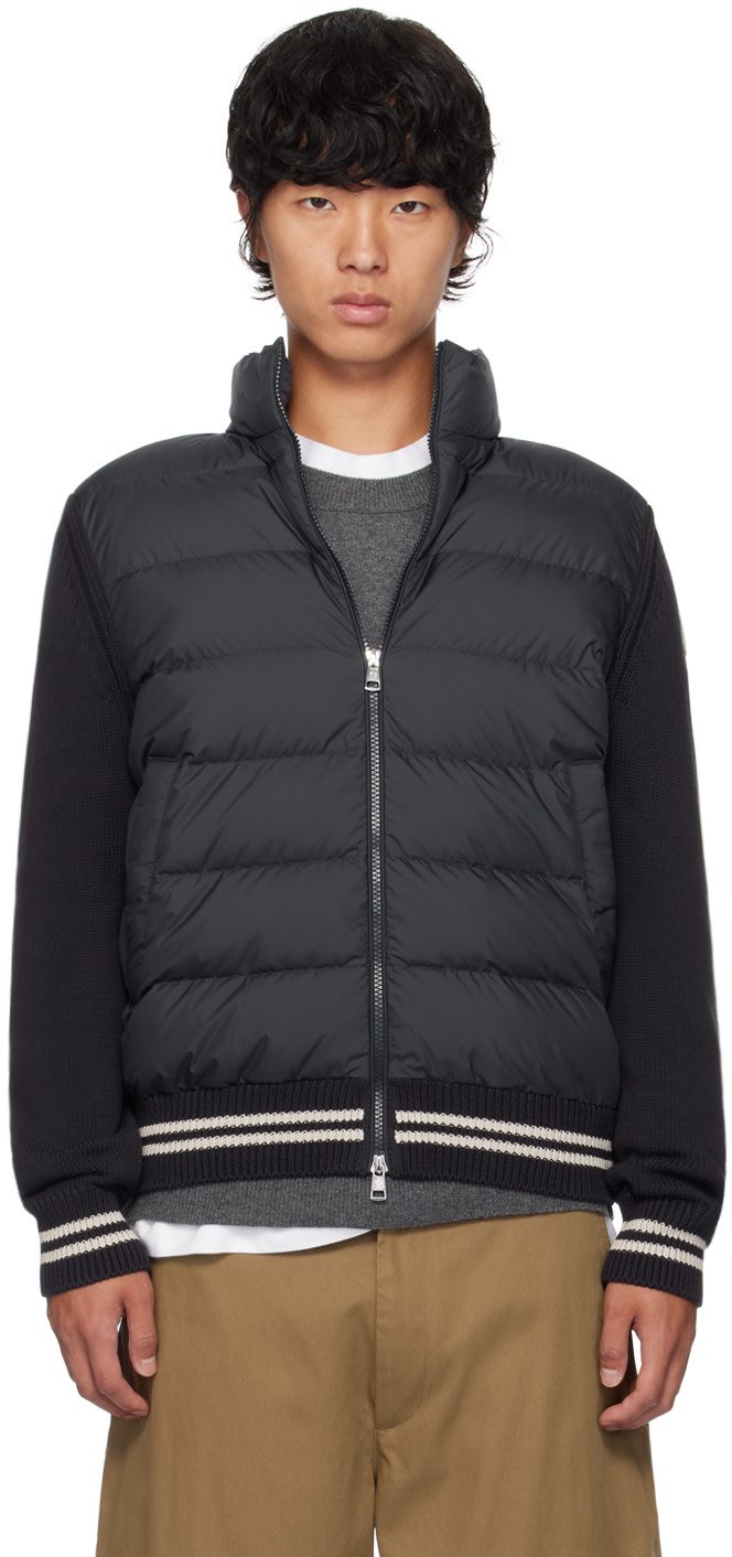 Navy Paneled Down Cardigan 242111M178012