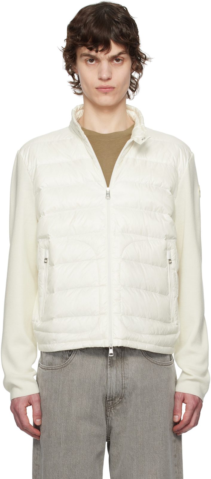White Padded Wool Zip-Up Down Jacket 251111M178004