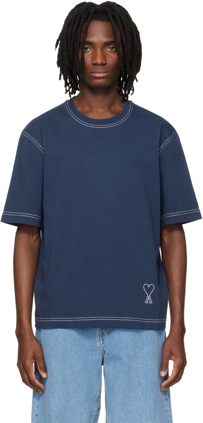 Blue Boxy Fit Topstitched Ami de Coeur T-shirt 261482M213013