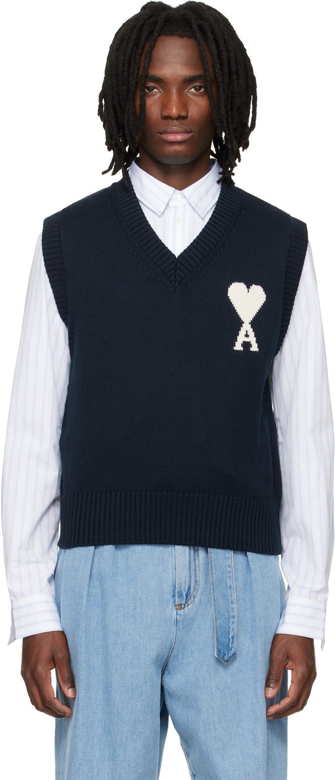 Navy Wool Cotton Sleeveless Ami de Coeur Sweater 261482M206001