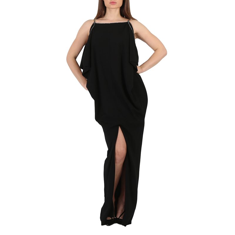 Black Crystal And Chain Detail Stretch Jersey Sleeveless Gown