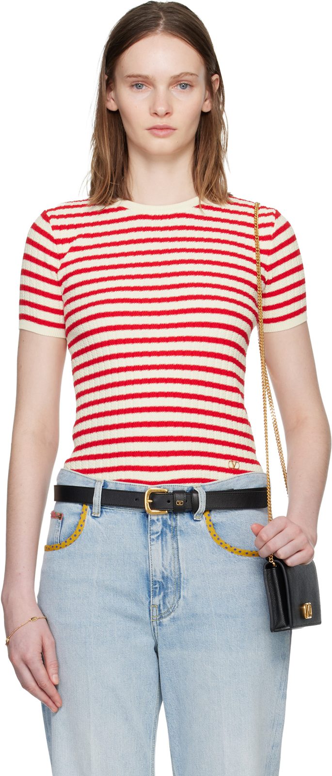 Red & White Knit Stripe Short Sleeve Sweater 261476F096001