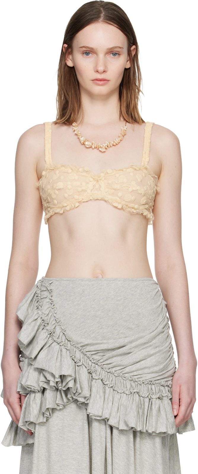 Beige Polka Dot Mesh Bralette 261358F073001