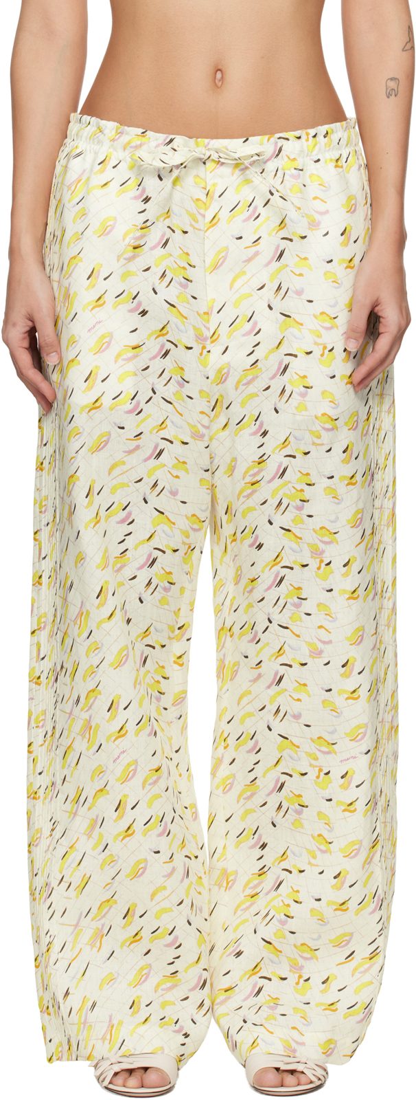 Marni Yellow Linen Brushstroke Wave Print Trousers 261379F087003