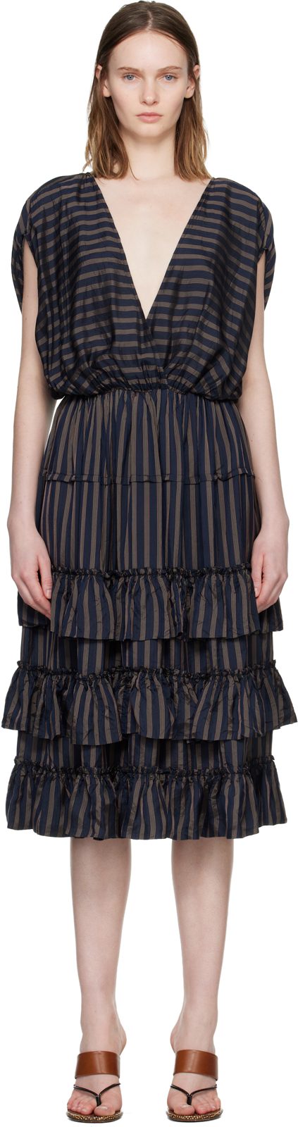 Navy Ruffled Midi Dress 261358F054009