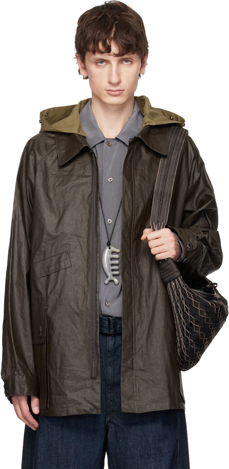 Brown Detachable Hood Coated Technical Linen Rain Jacket 261646M180004