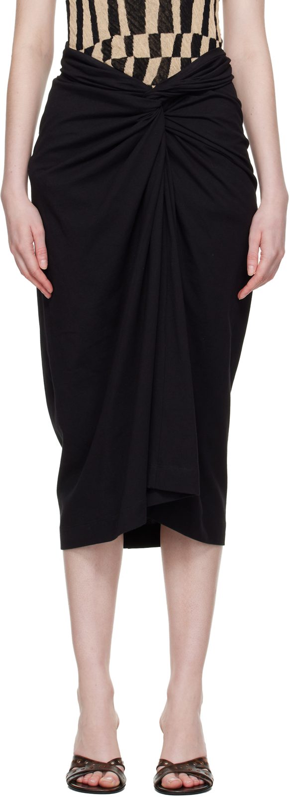 Black Knotted Jersey Midi Skirt 261358F093006