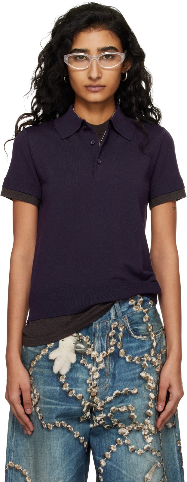 Navy Layered Wool Knit Polo 261129F108005