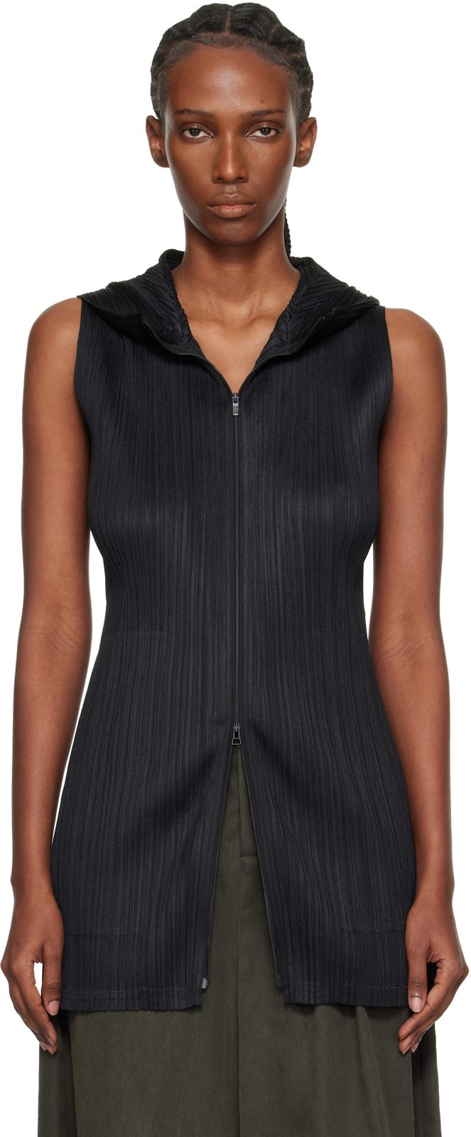 PLEATS PLEASE [이세이 미야케] Black Monthly Colors April Hooded Long Vest 262941F097000
