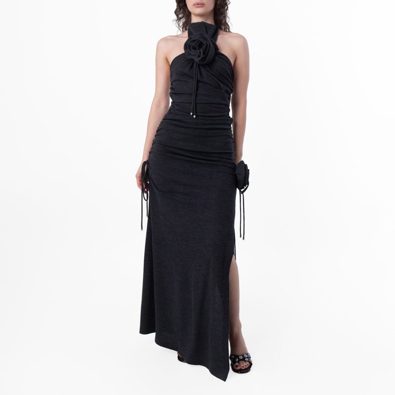 Rose Wool Halterneck Dress_Charcoal