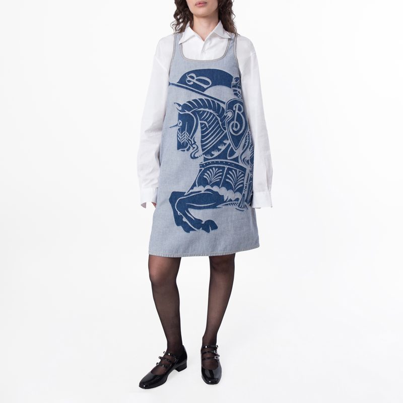 Equestrian Knight Motif Sleeveless Denim Dress_Denim Blue